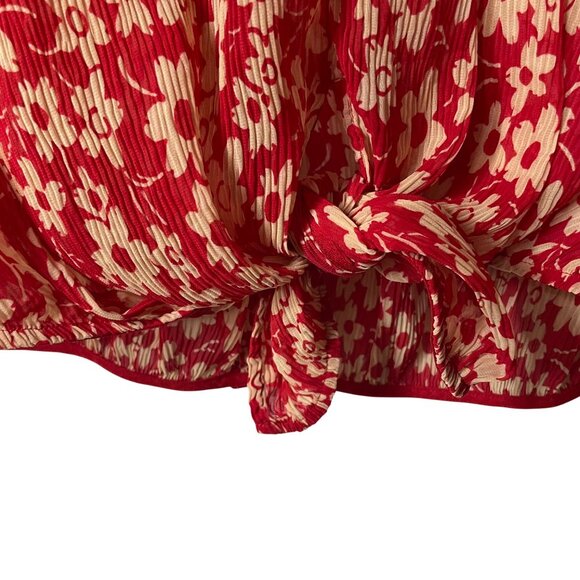 Madewell Crinkled Button-Back Tie Tee in Full Bloom Womens Size Medium Red Cream - Picture 4 of 8